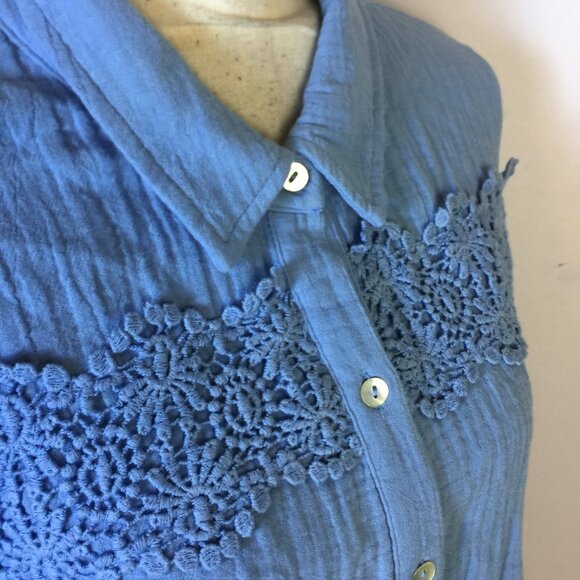 Susan Graver Pure Shirt Tunic Top XL Womans Blue Lace Trim Button Up Long Sleeve - Picture 16 of 16